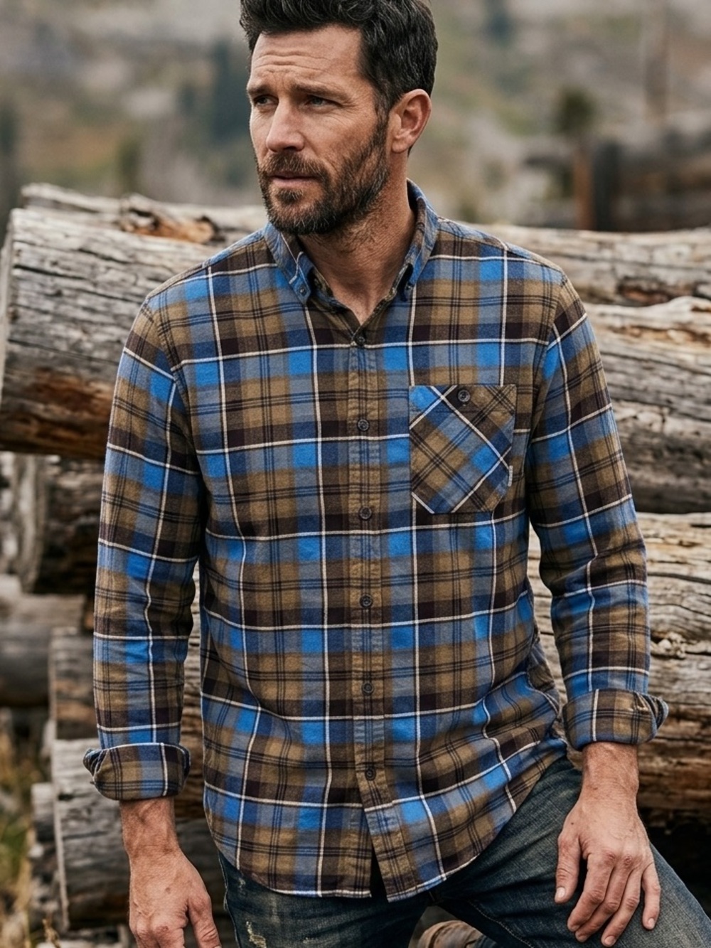 Eddie Bauer Blue and Brown Plaid Cotton Flannel Button-Down Shirt